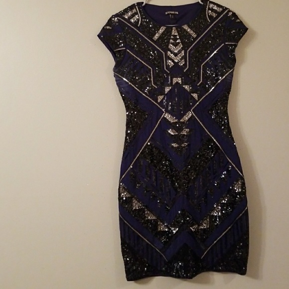 Nwt Express Total Sequin Black & Navy Dress Small - Picture 5 of 8